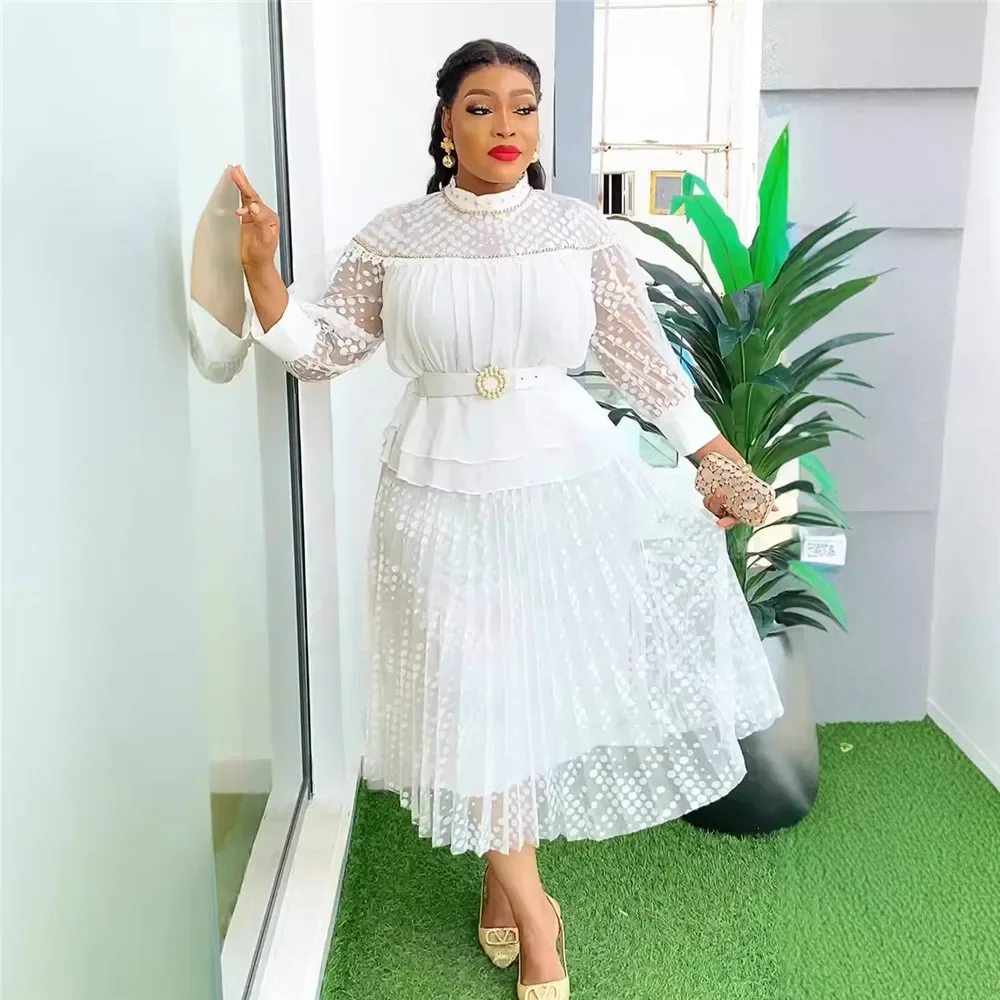 

2024 Europe and The United States New Fashion Large Size Women's African Mesh Lace Chiffon Pearl Dress S10159