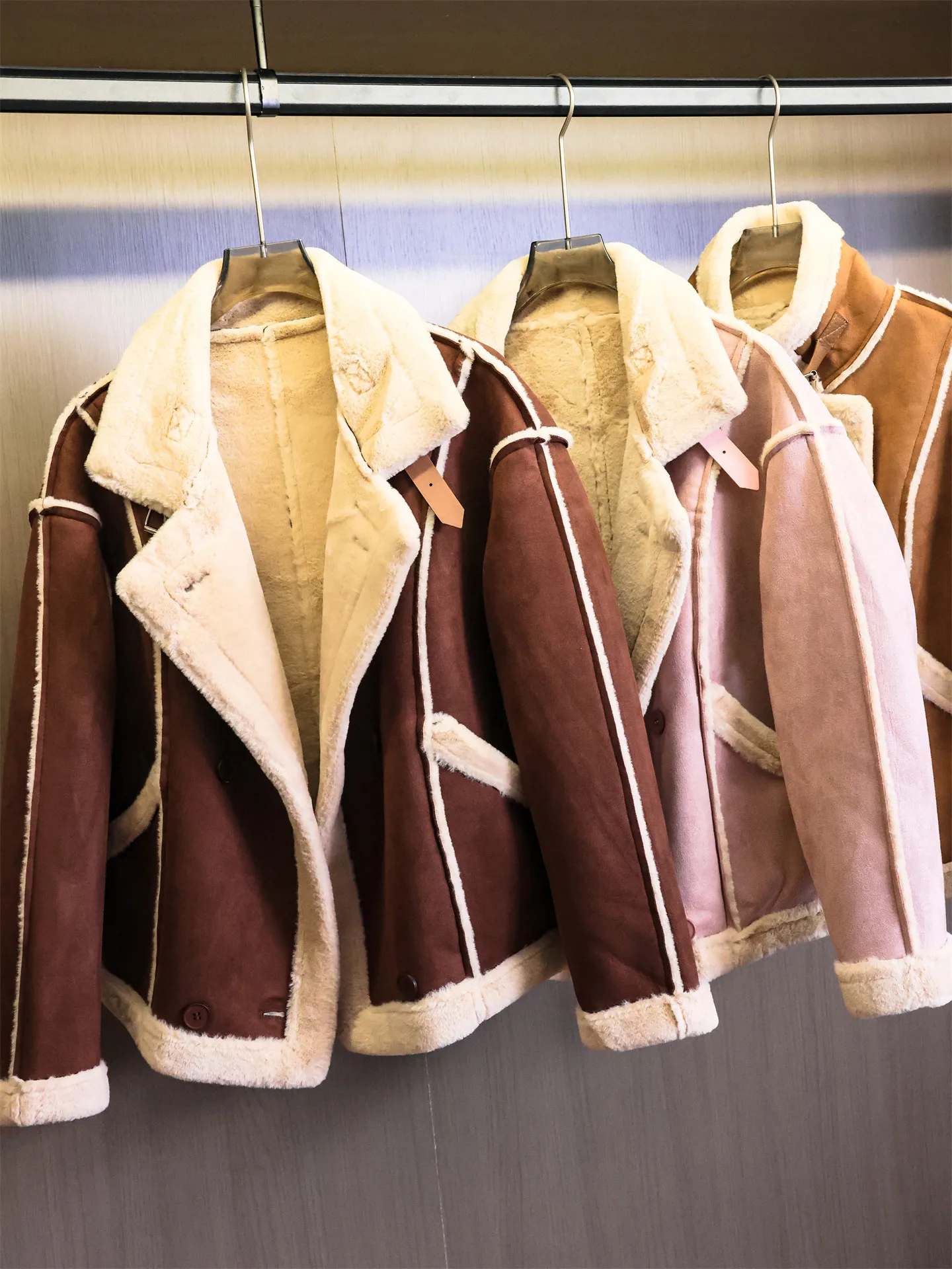 

Thickened Warm Pure Color Suede Motorcycle Jacket Long Sleeve Women's Outerwear B952 Winter New Style Retro Straight Cut Coat