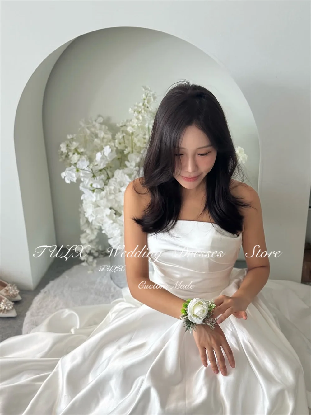 فستان زفاف أنيق من الساتان العاجي من TULX لالتقاط الصور الكورية بدون حمالات على شكل حرف A فساتين زفاف طويلة مشد مخصص لحفلات الزفاف 2026 #3