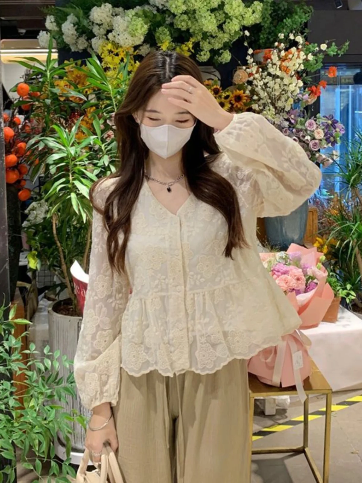 Ele V-Ne Long Sve irt Bellissimo top ingombrante in vita da donna Design all'inizio della primavera Camicetta delicata e di fascia alta