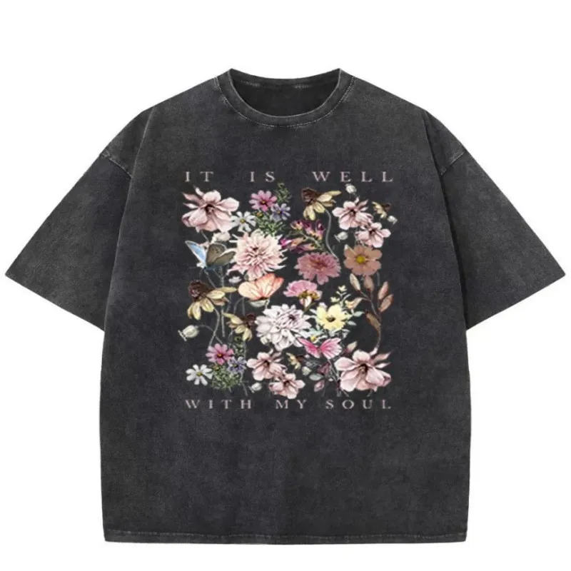 Danqi Yoyo  Flower Graphic T Shirt Women /Mens Washed Cotton Pink Ribbon Print Tee Summer Retro Aesthetic  Style Daily Top