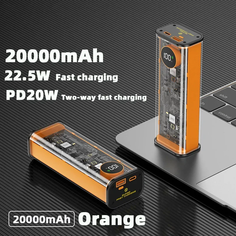 

22.5W Transparent Power Bank 20000mAh Quick Charger PD20W Fast Charge Spare Battery Portable for Xiaomi iPhone Samsung Laptop