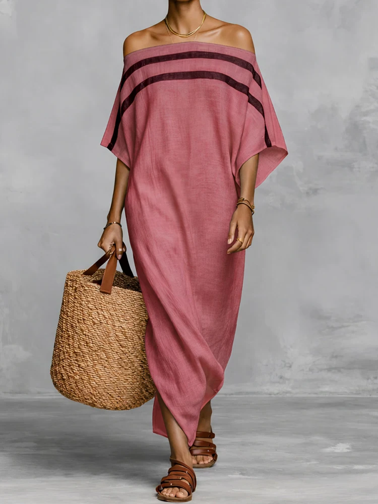 2026 Beach Style Half Sleeve Maxi Dress, Women Spring Summer Slash Neck Simple Party Dress, Solid Patchwork Chic Ladies Dresses