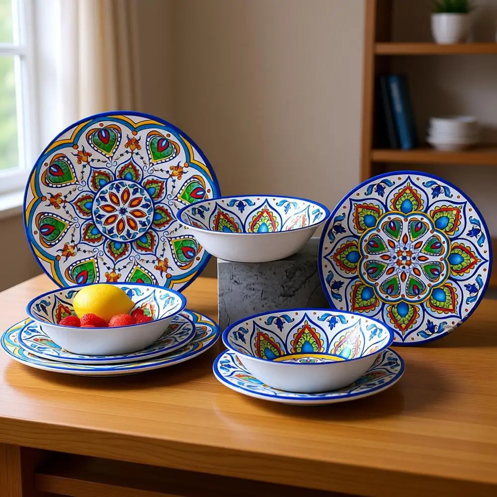 

12-Piece Melamine Dinnerware Set: Durable, Unbreakable Plates and Bowls for Indoor & Outdoor Use - Dishwasher Safe, BPA-Free, Se