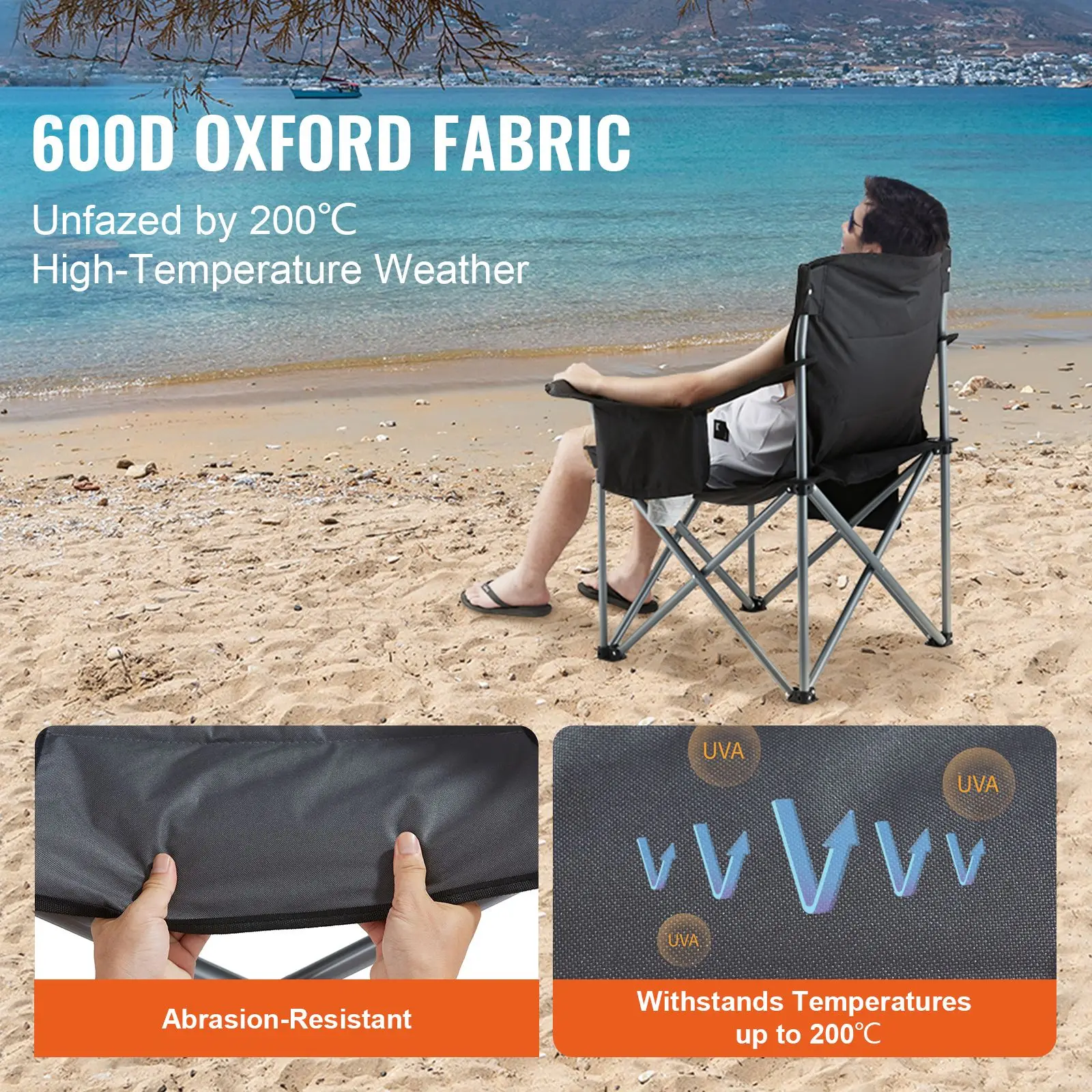Camping Folding Chair for Adults, Portable Heavy Duty Outdoor Quad Lumbar Back Padded Arm with Side Pockets, Cup Holder and