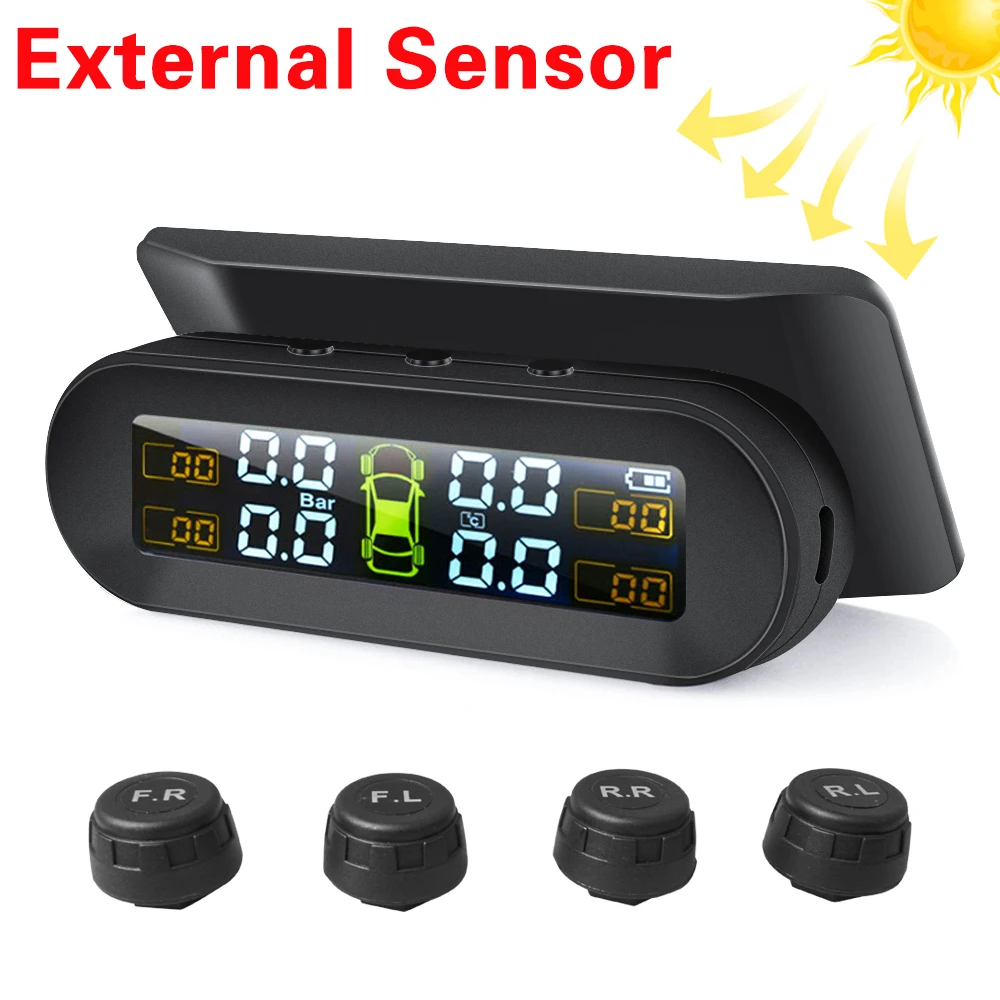 TPMS Car Tire Pressure Alarm Monitor System Automatic Brightness Control Wireless Solar Power 4 Sensors Decoration Accessories