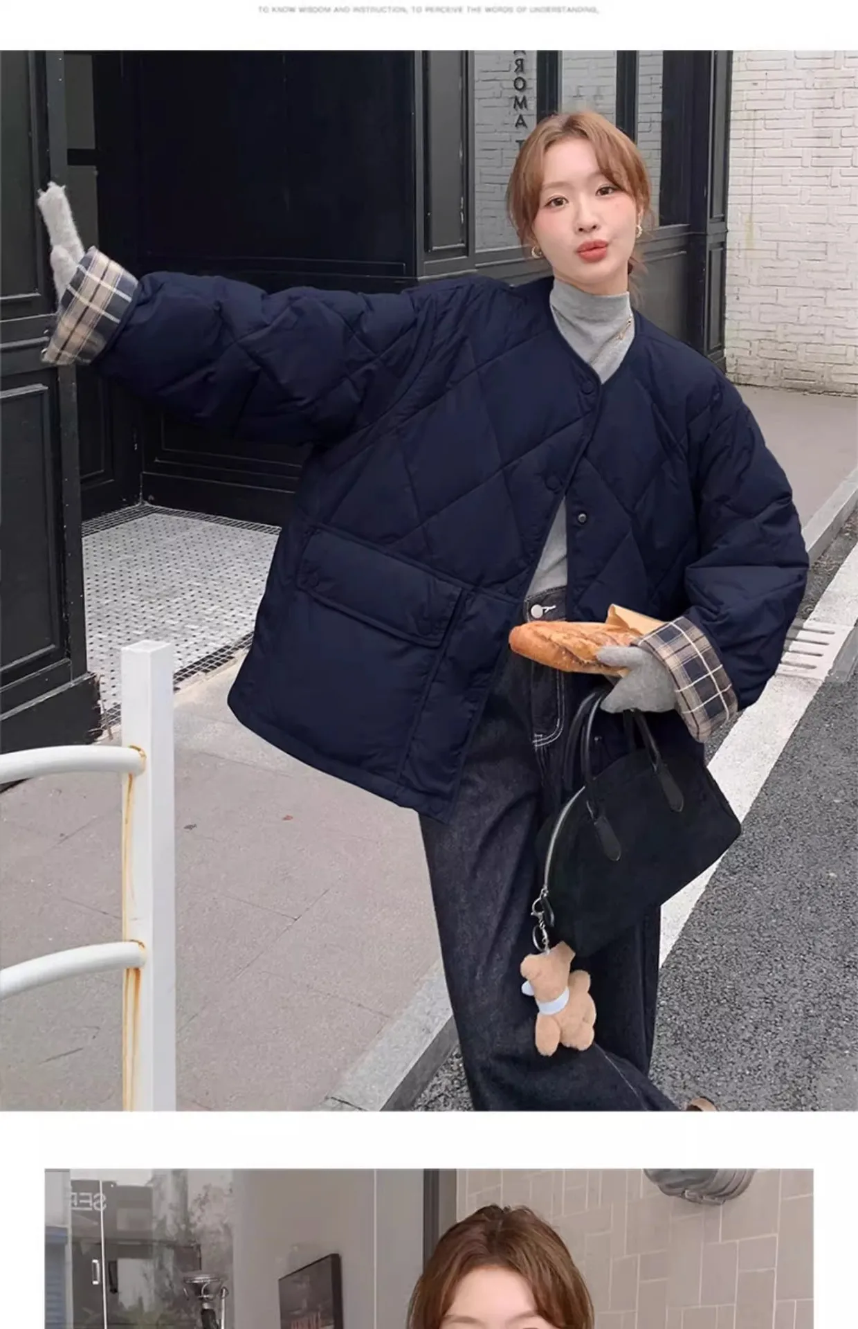 Retro Plaid Patchwork Lightweight Puffer Jacket Autumn Winter Loose Casual Quilted Jacket Female Round Neck Commute Padded Coats