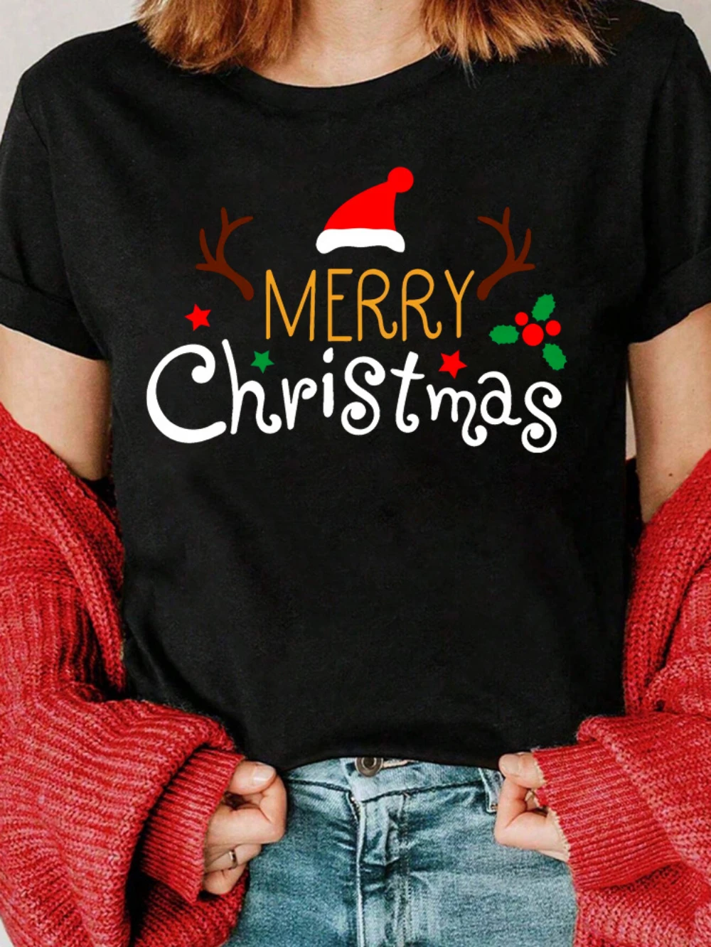 

Merry Christmas T-shirt Christmas Hat Antlers Tshirt Fashion White Tee Clothes Print Womens Casual Graphic Short Sleeve T-shirts