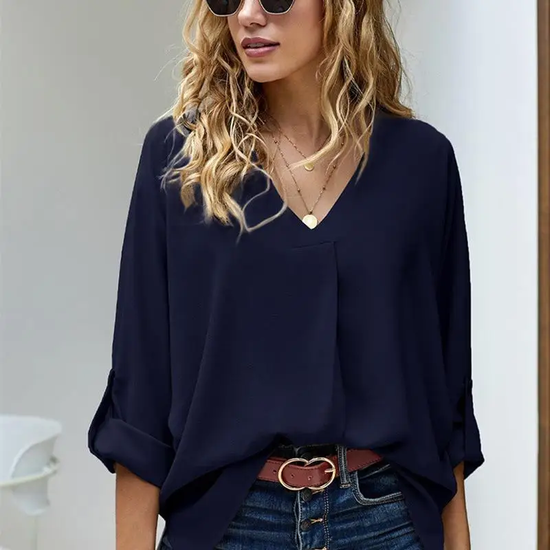 M4XL plus Size Camicetta casual da donna Vestibilità ampia Ladies irts Street Sle Long Sve V-Ne Color Summer Top