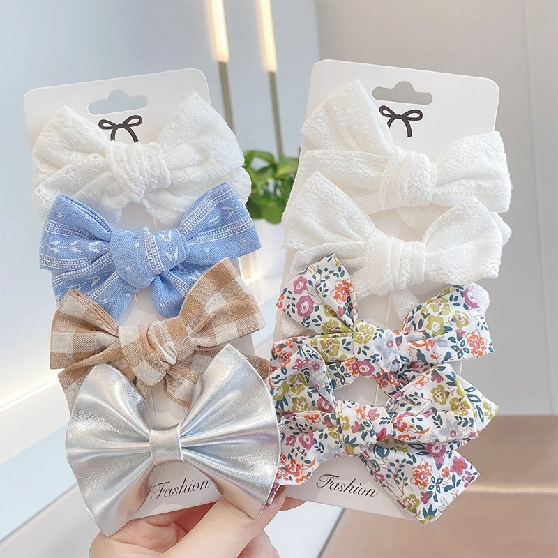 

4Pcs/Set Vintage Flower Printing Bow Hair Clip For Kids Girls Solid Color Boutique Handmade Hairpins Headwear Hair Accessories