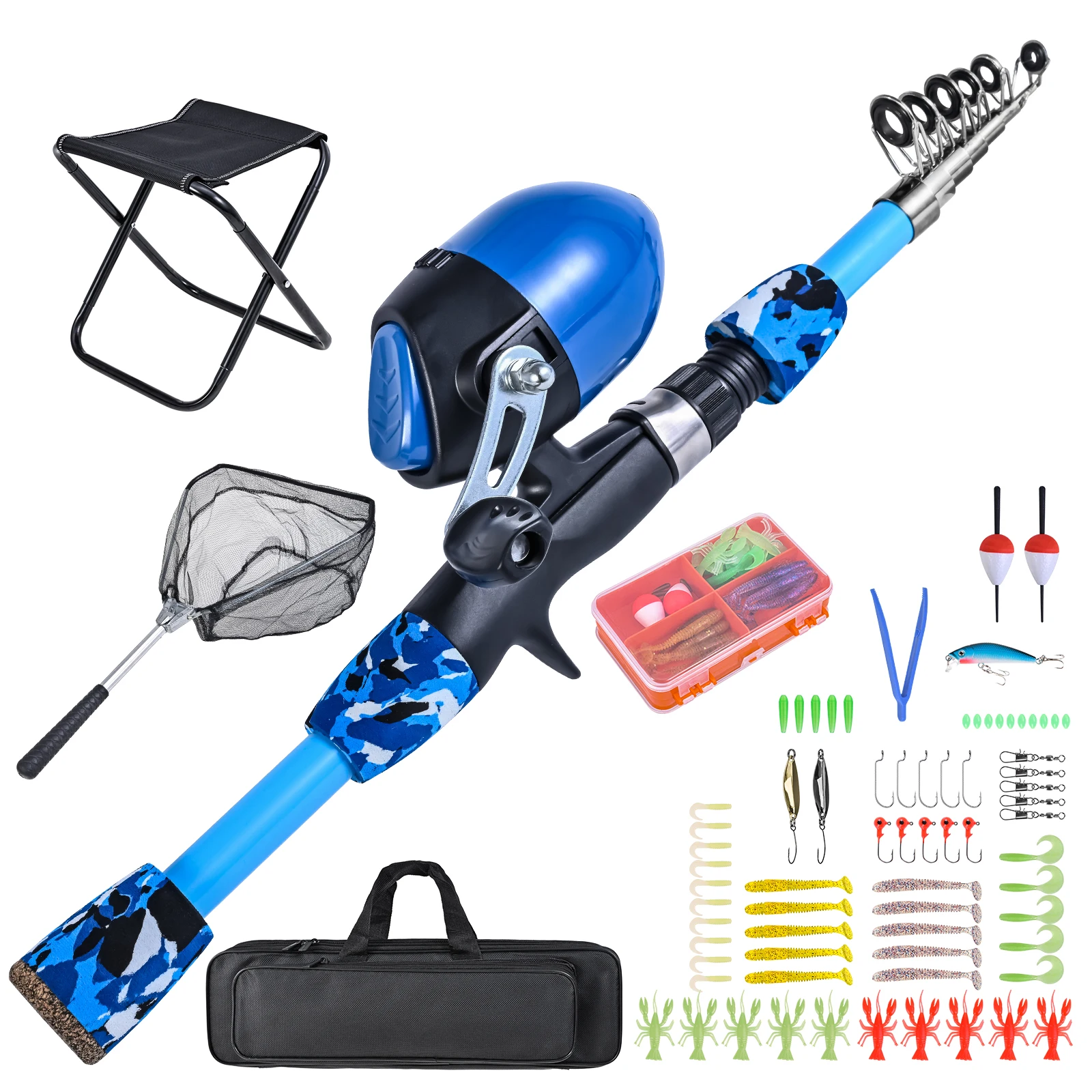 Kids Fishing Rod and Reel Combo with Collapsible Fishing Stool Landing Net Telescopic Fishing Pole Tackle Box