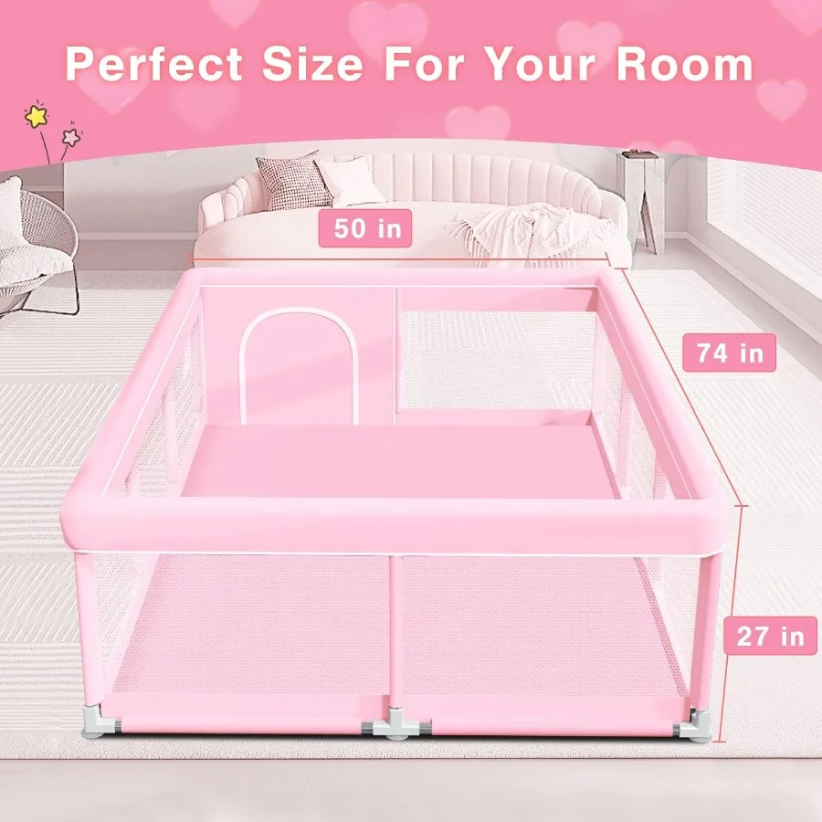 Pink Baby Playpen 74x50 Inches Playpen for Little Princess Play Yards Indoor and Outdoor Sturdy Safety Baby Girls Play Pen with