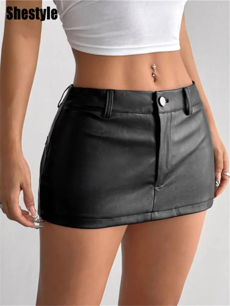 Shestyle PU Leather Mini Skirt Women Extremely Hot Zipper Fly FakePockets Sexy Black Streetwear New Arrival 2026 Summer Leisure