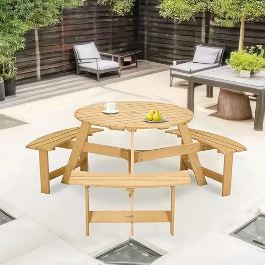 

Wooden Outdoor Picnic Table with Umbrella Hold Design w/ 3 Built-in Benches for Adults and Kids, Backyard, Garden, Poolside