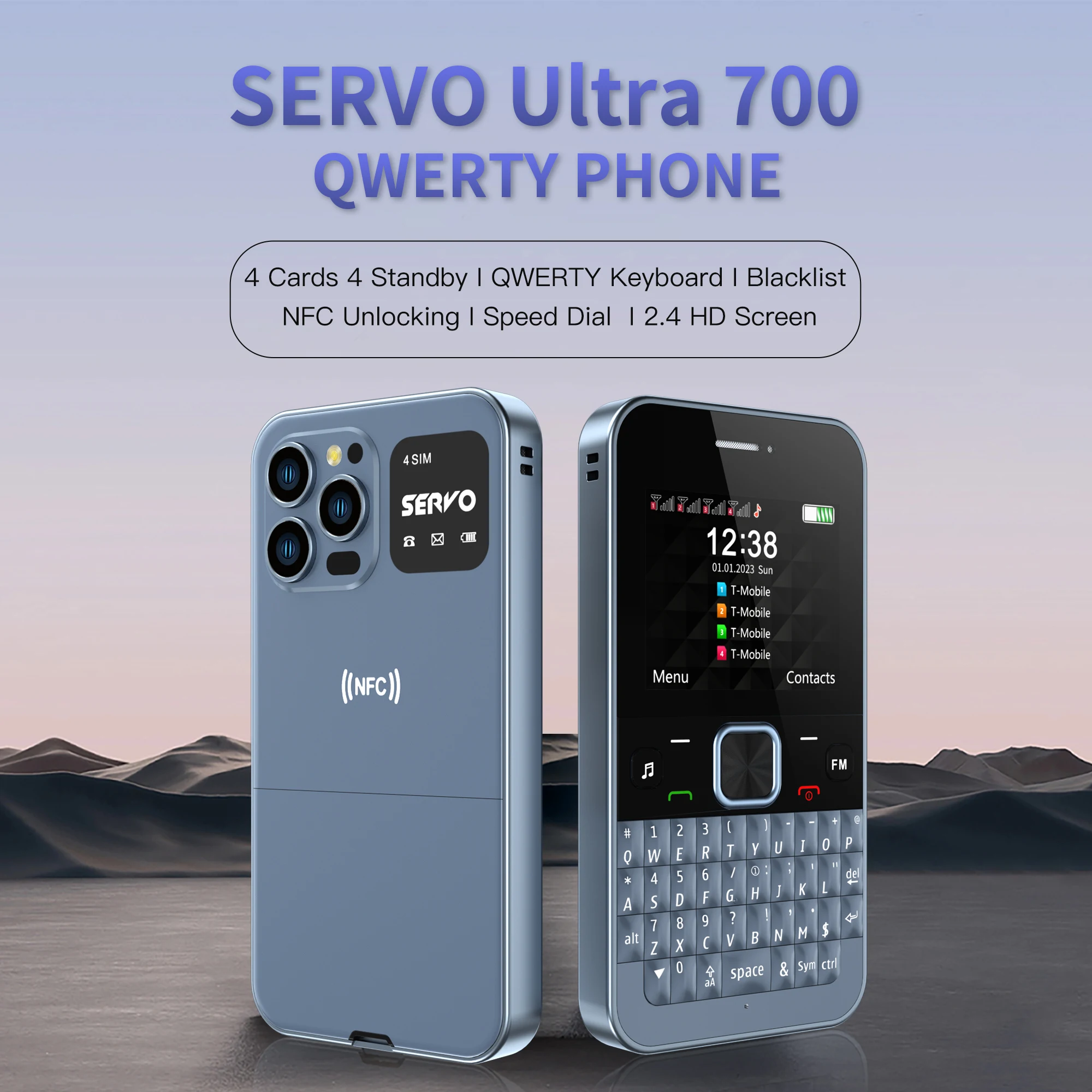 SERVO Ultra700 4SIM 카드 쿼티 휴대폰, NFC 액세스 제어 속도 다이얼 블랙리스트, TYPE-C GSM 셀룰러 풀 키보드 핸드폰 