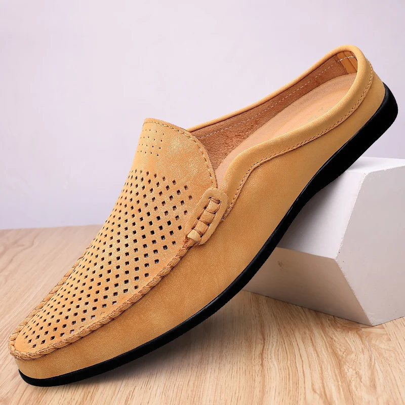 Summer Hollow Out Mules Men Backless Casual Shoes Loafers Half Slippers Lightweight Slip On Flats Leather Outdoor Slides Sandal