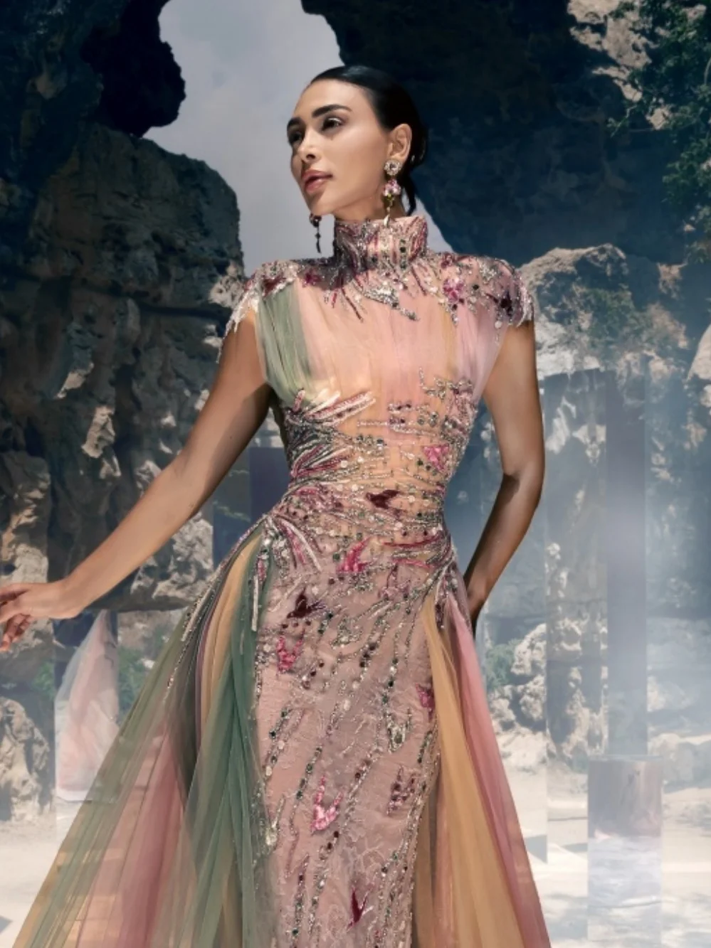 Luxurious High Neck Sleeveless Multicolor Beaded Evening Gown Layered Gradient Tulle Formal Prom Wedding Guest Dress فساتين سهرة