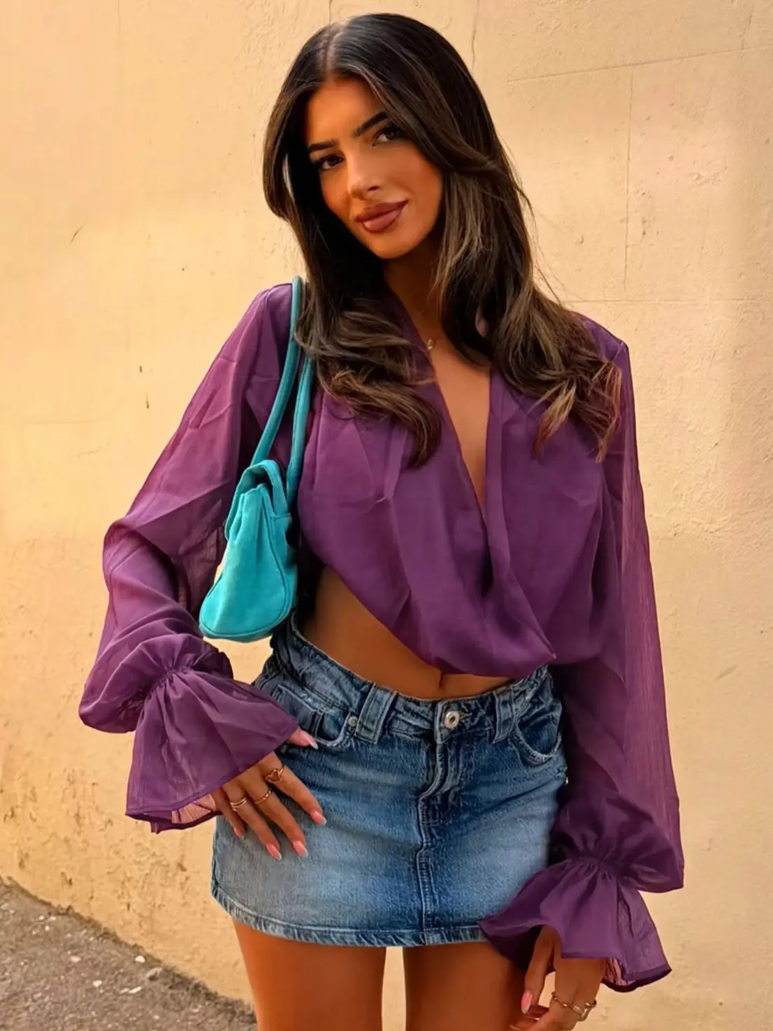 Sisterlinda Swing Collar T-Shirts Women Sexy Fashion Simple Lantern Sleeve Ruched  Hottie Trend Midnight Street Party Crop Tops