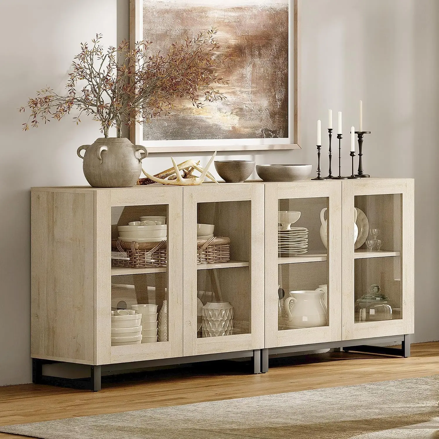 Modern Sideboard with Adjustable Shelf & Metal Base, Storage Cabinet for Living Room & Kitchen, Beige, 2 Pcs, Customized