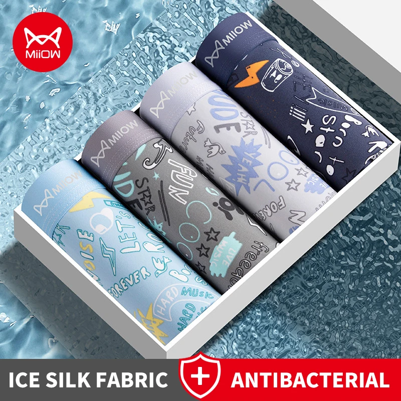 

MiiOW 4Pcs Ice Silk Men Boxers 10A Antibacterial Crotch Man Panties Underpants Breathable Cartoon Print Men's Underwear Trunks