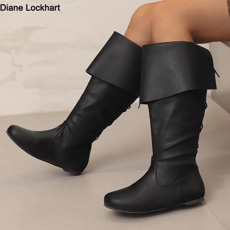 

Женская средневековая обувь, сапоги до колена, сапоги на плоской подошве, ковбойские сапоги в стиле ретро из искусственной кожи, черные, коричневые сапоги для косплея