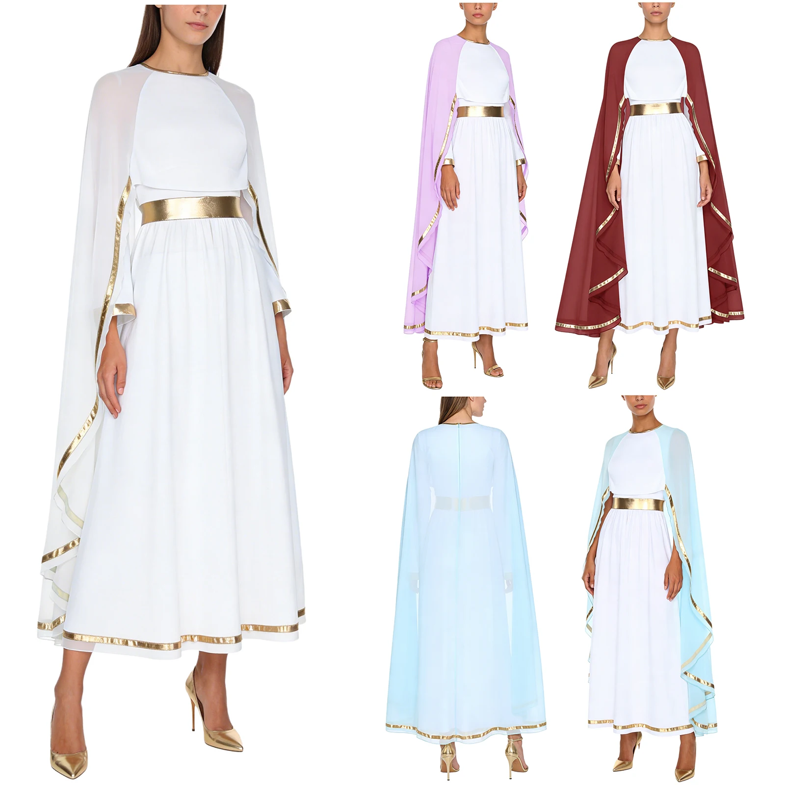 Women Ancient Greek Queen Dress Integrated Chiffon Cape Flared Long Sleeve Metallic Trim Maxi Toga Dress for Halloween Cosplay