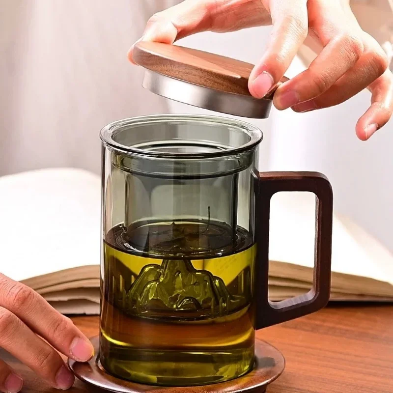 500ml Heat Resistant High Borosilicate Glass Tea Water Separation Tea Cup with Wooden Lid Handle Flower Tea Making Mug Water Cup