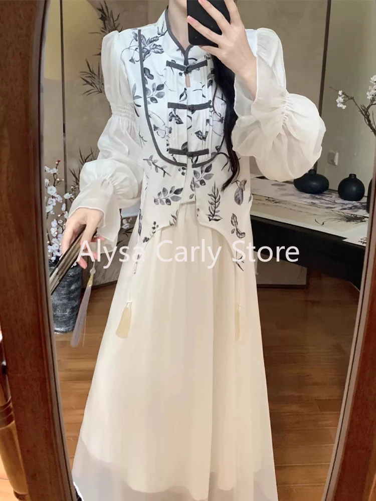 Vintage Floral 2 Piece Dress Sets Women Button Chic Korean Printing Shirt+solid Elegant Midi Skirt 2024 Autumn Casual Dress Sets