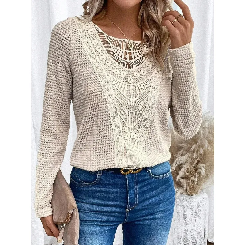 

Solid Crew Neck Cut Out T-Shirt Elegant Ribbed Long Sleeve Contrast Lace T-Shirt For Fall & Winter Women's Clothing