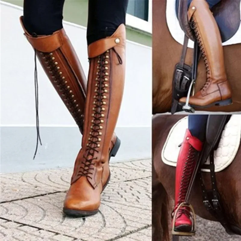 Women Retro Knee High Boots Lace-Up High Quality PU Platform Riding Boots Female Zip Low Square Heel Plus Size Footwears Ladies