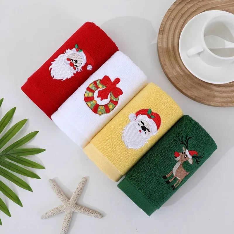 

4pcs/set Unisex Embroidered Xmas Face Washing Towel Christmas Santa Claus Towel Christmas Towel Cloth for Man Home Bathroom Gift