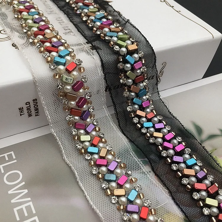 

Embroidered Mesh Lace Trim with Colorful ABS Beads Handmade Beaded Lace Trim DIY Clothing Decoration Beaded String Accessories