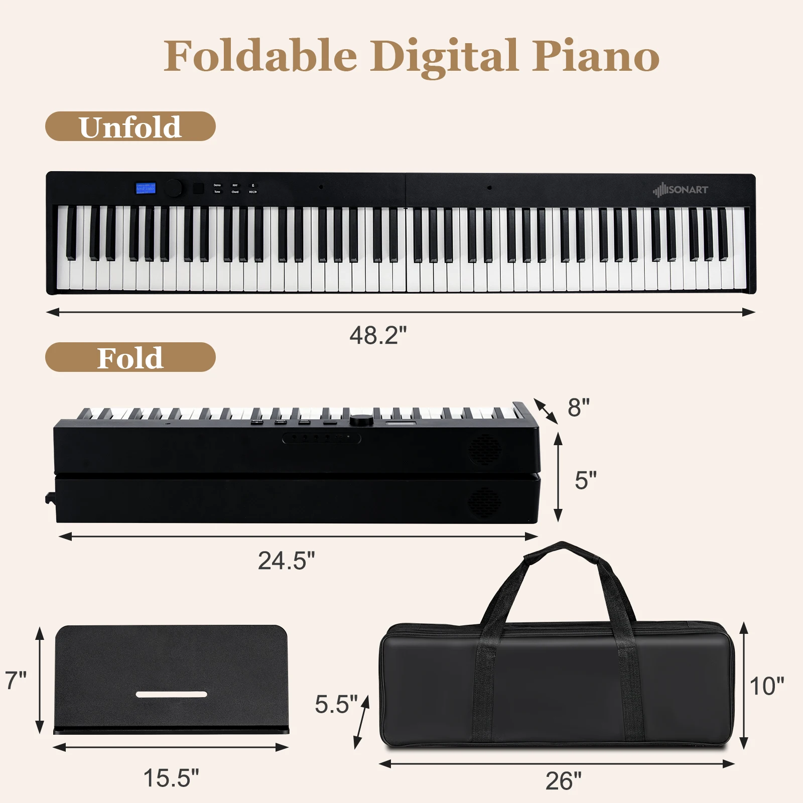 Sonart คีย์บอร์ดเปียโนไฟฟ้าพับได้88คีย์, กึ่งถ่วงน้ำหนักขนาดเต็ม MIDI สีดำ