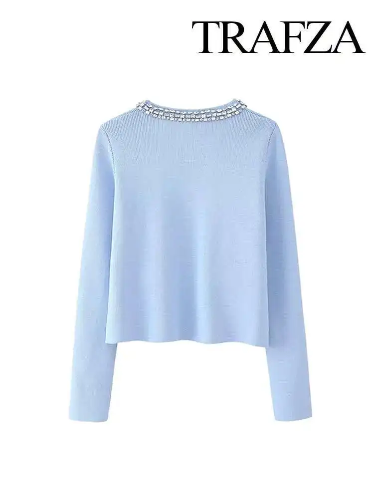 

New Summer Fashion Women Knitted Tops Blue O-Neck Long Sleeves Rhies Decorate Pockets Open Female Casual Coats