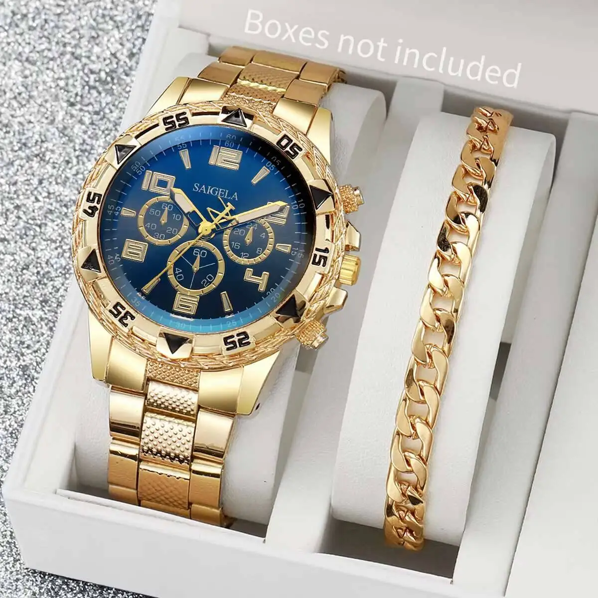 2 قطع أزياء رجالي الفولاذ المقاوم للصدأ الساعات الفاخرة الكوارتز ساعة اليد رجال الأعمال الساعات سوار مجموعة Reloj Hombre (بدون صندوق)