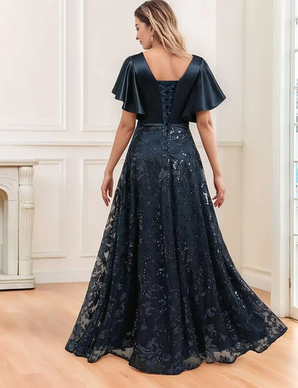 Vestidos de lentejuelas para madre de la novia con mangas Vestido de noche plisado de satén para mujer formal