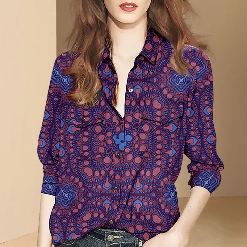 2023 Autumn Women\'s New Fashion High Street Retro Style Printed Shirt with Polo Collar Fashion Long Sleeve Versatile Shirt