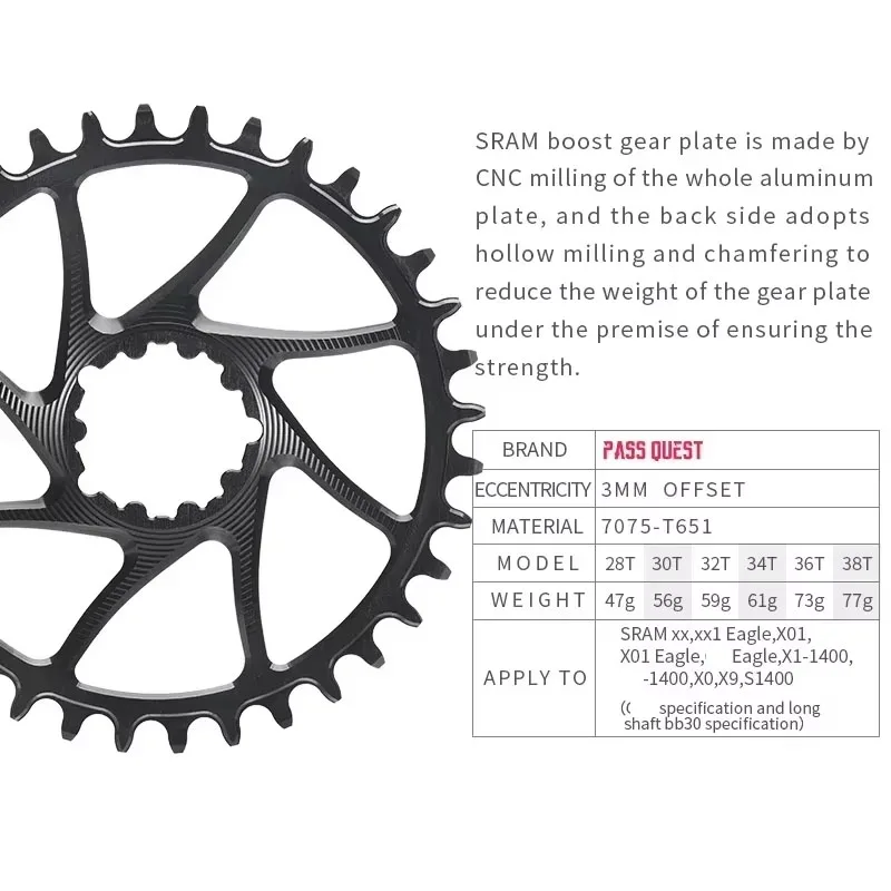 PASS QUEST 3mm Offset Chainring For SRAM xx1 Eagle Crankset Round/oval MTB Narrow Sprocket 28-38T Bike Bicycle Chainwheel