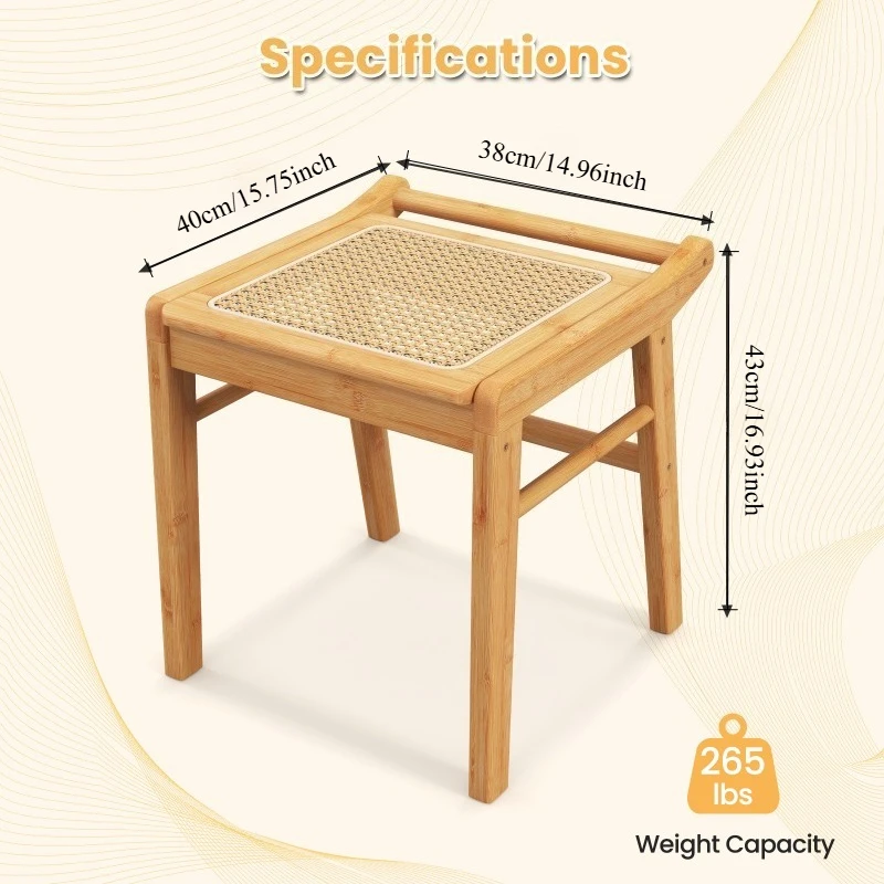Bamboo Vanity Stool–Rattan Top Ottoman Footrest with Anti-Slip Pads,Solid Sitting Stool,Easy Install for Dressing,Living,Bedroom