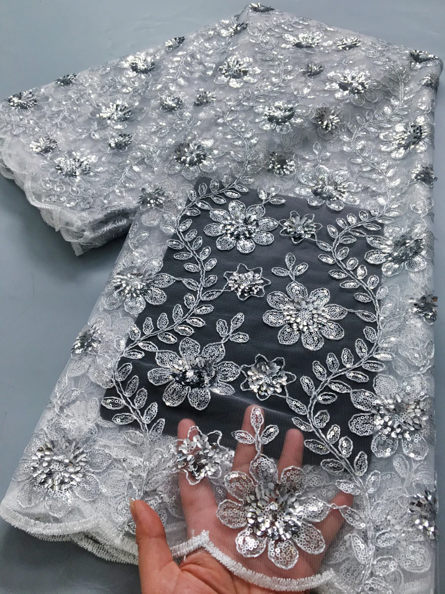 

Sterling Silver Embroidered French Lace | Metallic Floral on Ivory Sinuous Bridal Couture & Luxury Drapery Premium by Yard S4372