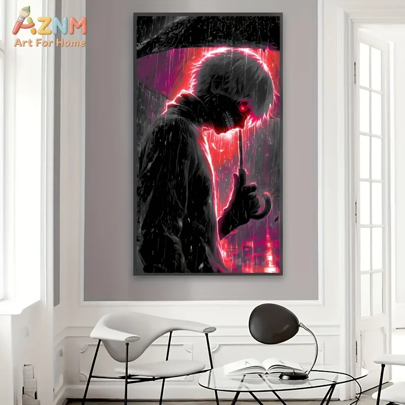 AZNM Tokyo Ghoul Kaneki Ken Red Neon Rain Anime Canvas Wall Art Unframed Painting for Home Decor