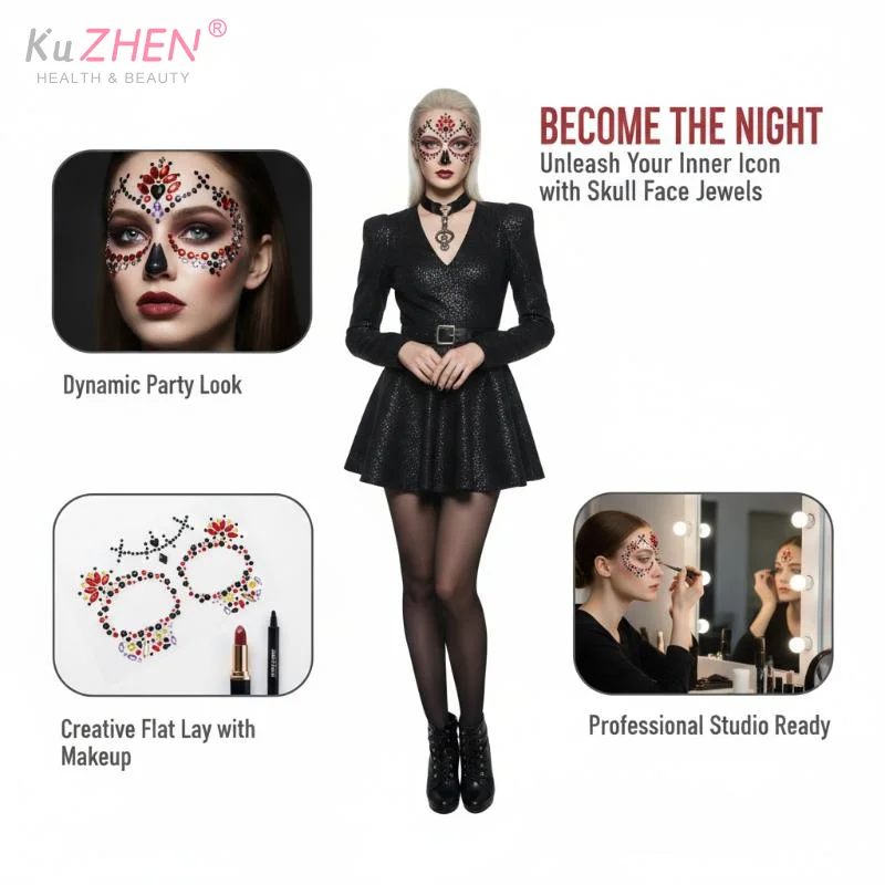 Colorful Flower Skull Face Jewel Stickers With Sparkly Day Of The Dead Themed Rhinestone Self Adhesive Halloween Cosplay Makeup