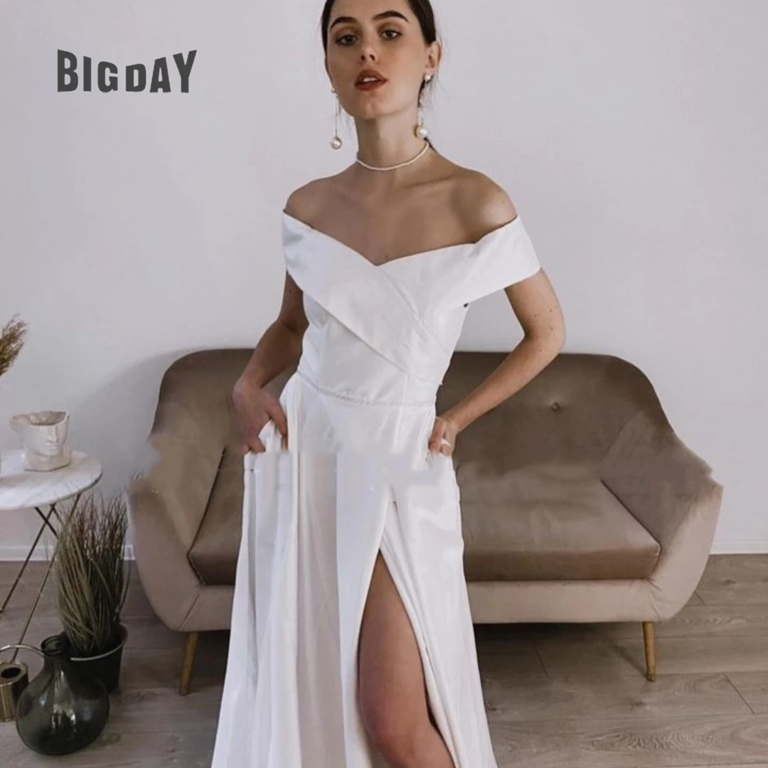 Simple Wedding Dress For Woman Strapless A-Line Satin Side Slit Off The Shoulder Bride Gown Train Vestidos De Novia Customized