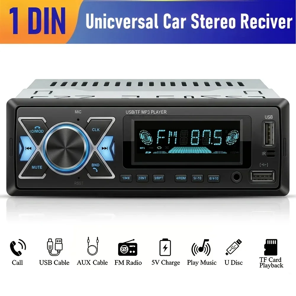 Car Stereo Single Din BT Audio Hands-Free Microphone MP3 Player No CD/DVD Player USB Port AUX Input FM Radio Receiver