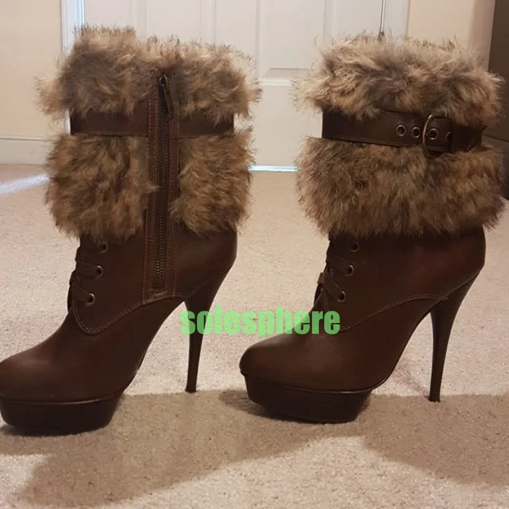 

Lady Vintage Dark Brown Platform Calf Boots Fur Buckle Strap Punk Footwear Gladiator Suede Footwear Boots Zipper Size 34-46