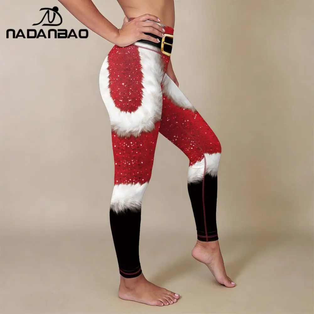 Nadanbao 3D Santa Claus Belt Print Leggings Christmas Women's Elastic Trousers High Waist Yoga Pants Casual Xmas Party Bottoms