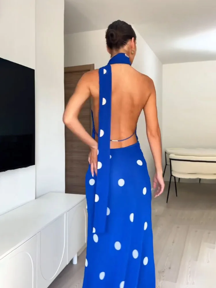 HH dames zomermode sexy jurken blauwe stippen swingende kraag mouwloze rugloze rits vrouwelijke strandstijl lange jurk