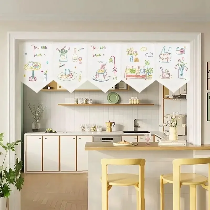 Cute Line Art Interior Scene Cabinet Cover Curtain Hand Drawn Home Life Print Triangular Hanging Curtain Kitchen Home Decor