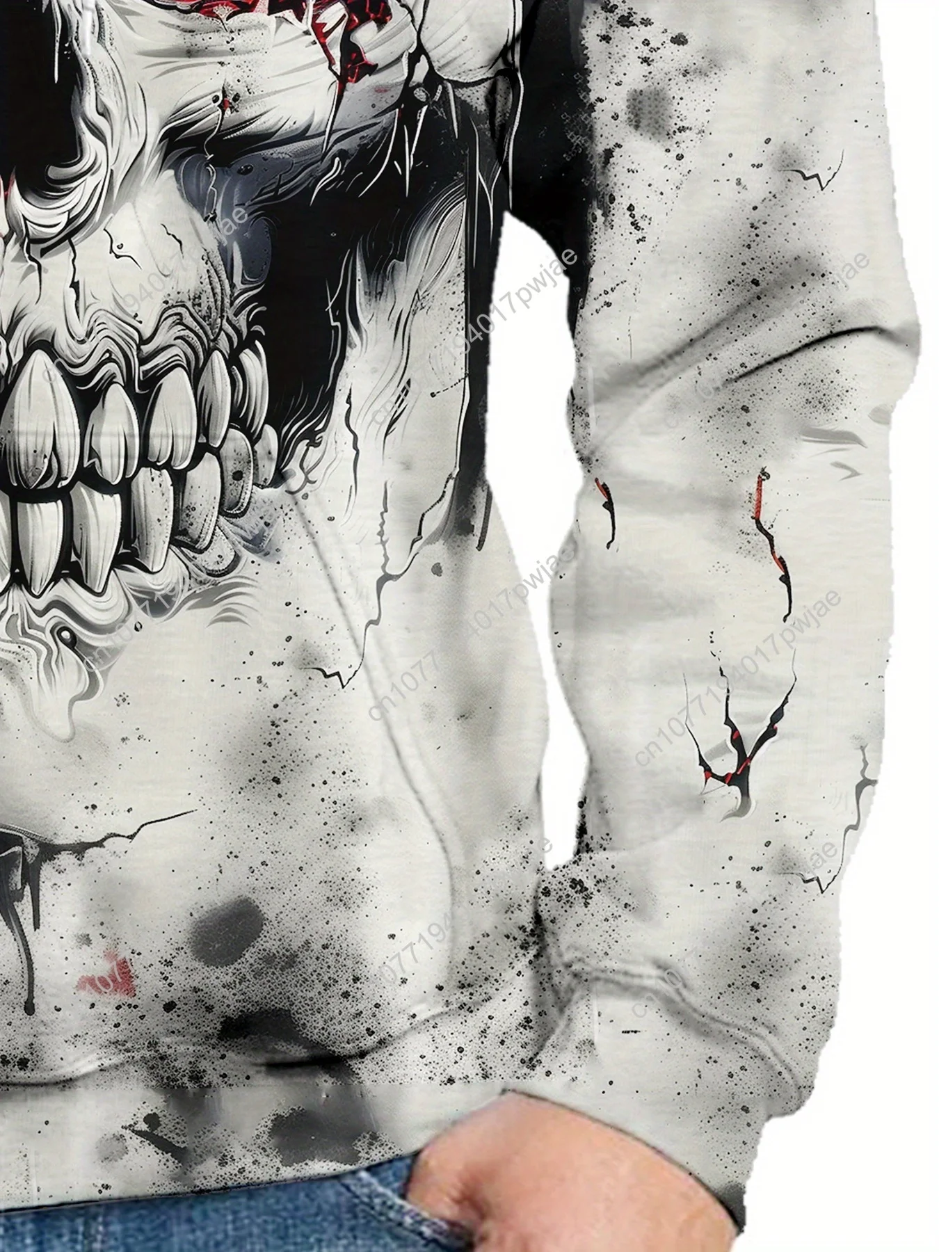 Ganzjahres-Freizeit-Kapuzenpullover mit rotäugigem Totenkopf-Allover-Print, lockere Passform für Herren, gestrickter Polyesterpullover