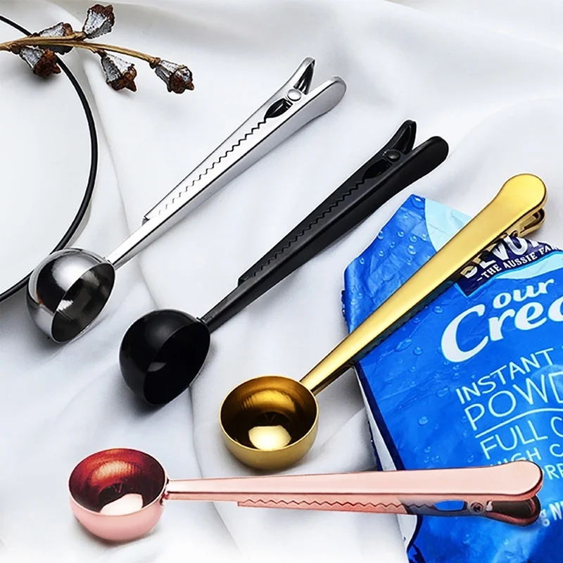 Stainless Steel Coffee Spoon Clip 2 in1 Measuring Spoon Bag Sealing Clip for Milk Powder Seasoning Baking Long Handle Scoop Tool